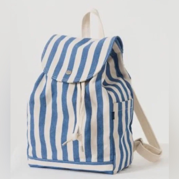 Baggu Drawstring Backpack in Summer Stripe blue and white 100% Cotton - Picture 1 of 9